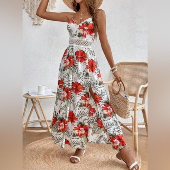 Boho Red Tropical Print Split Thigh Cami Dress - Picture 1 of 7